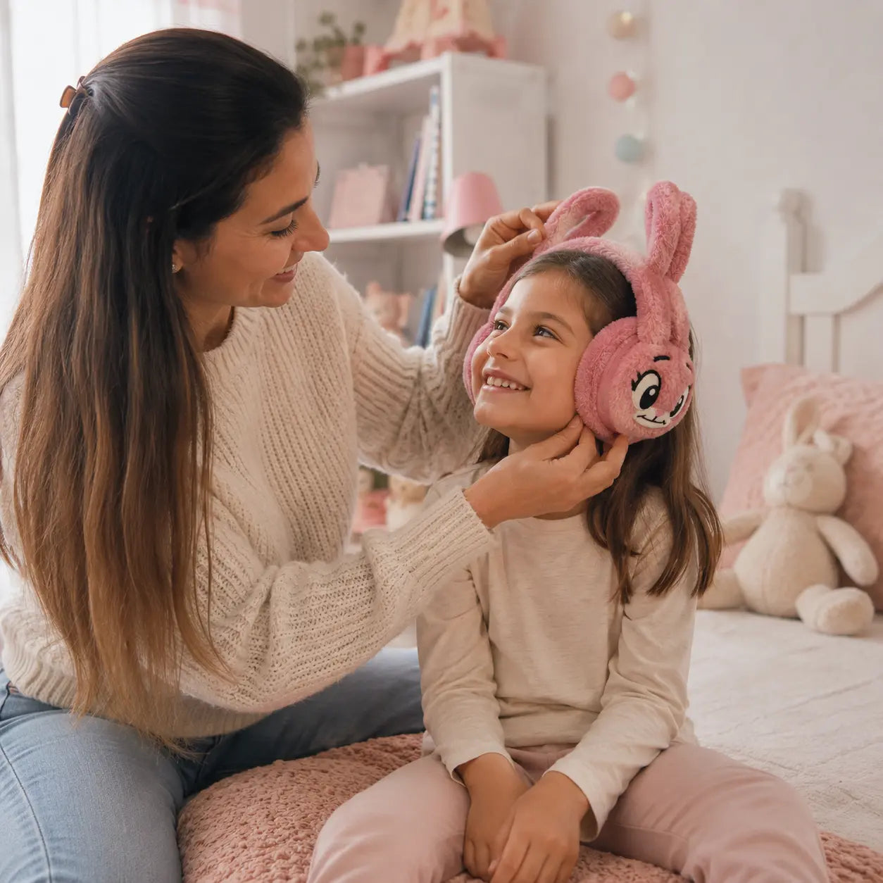 Mamá en Bogotá ajustando audífonos Bunny a su hija