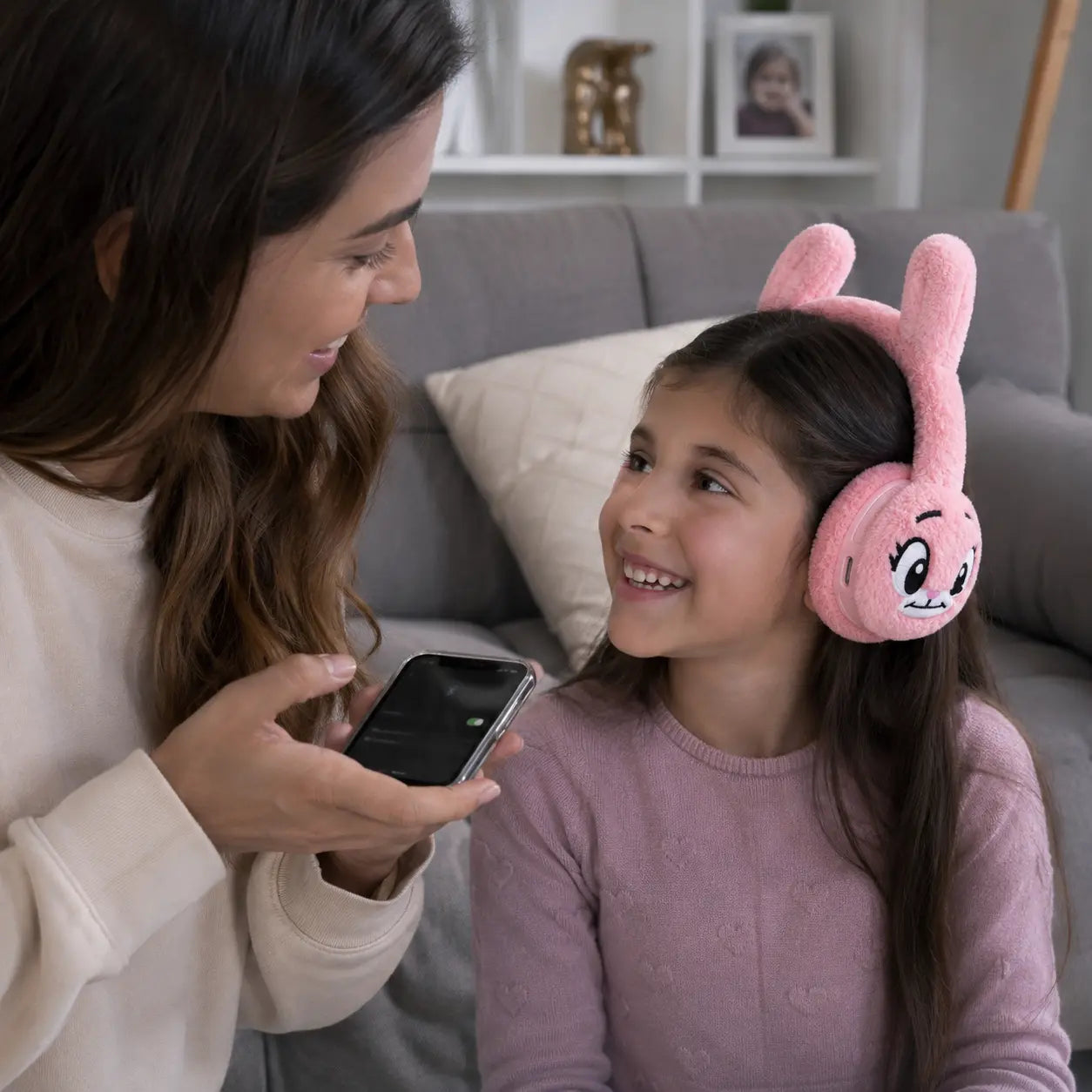 Mamá en Medellín conectando audífonos Bunny por Bluetooth