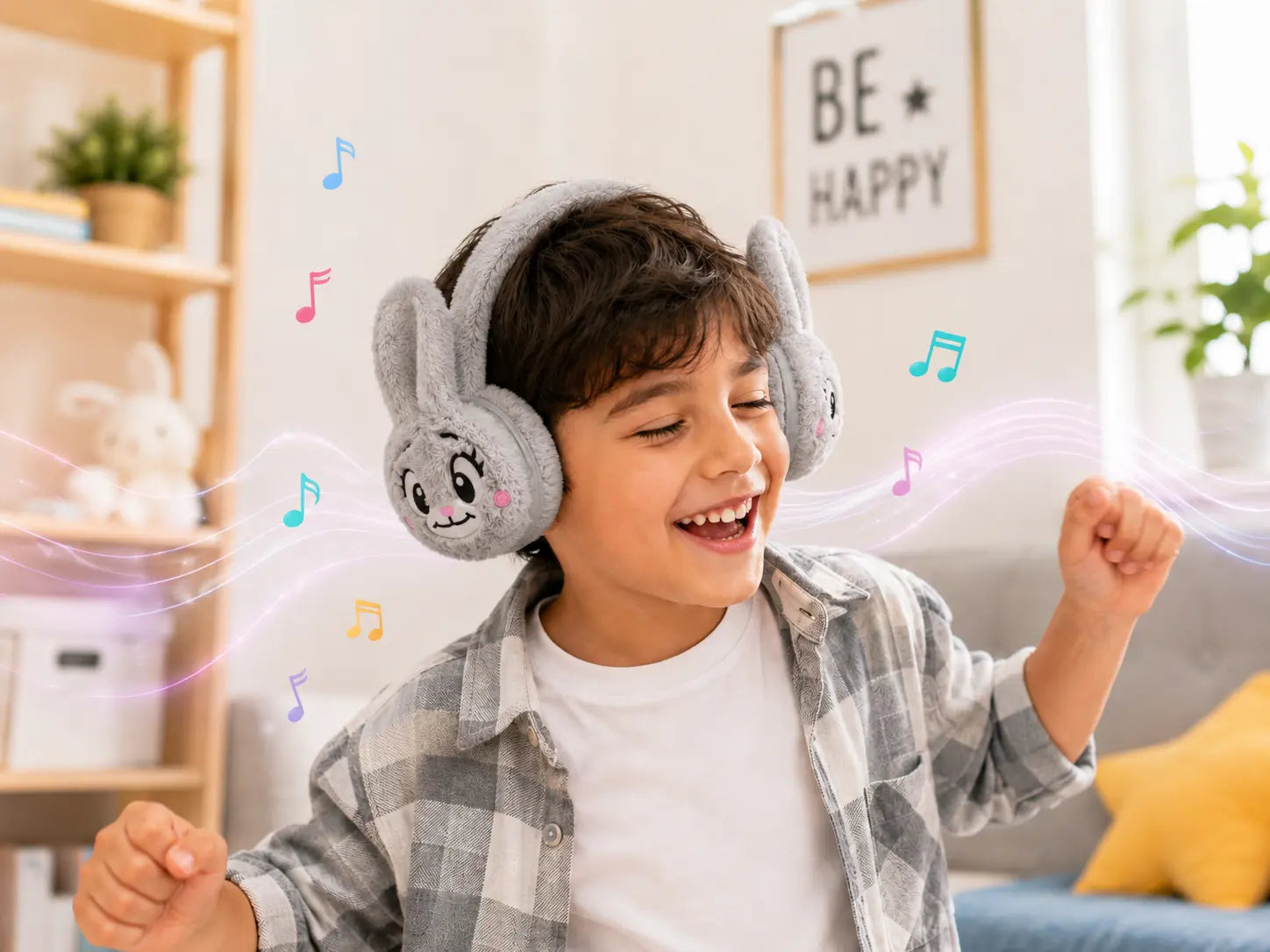 Niño usando audífonos Bunny de peluche